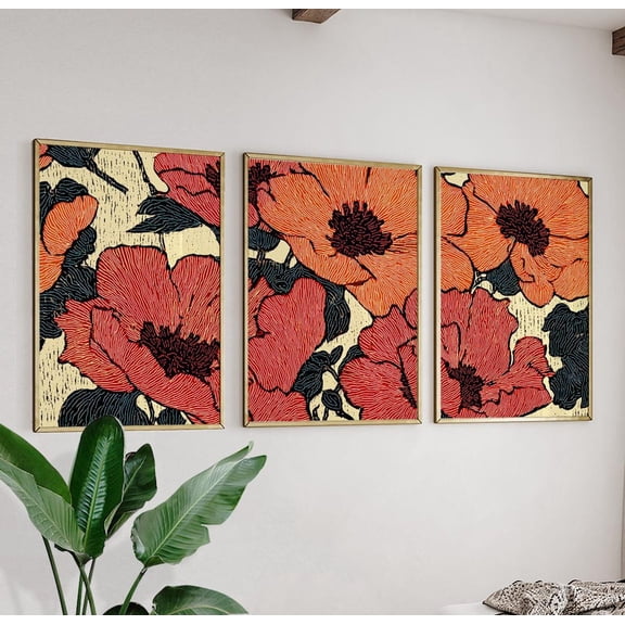 Red Black Floral Abstract Botanical Wall Art Set 3 Stretched Canvas 12x18