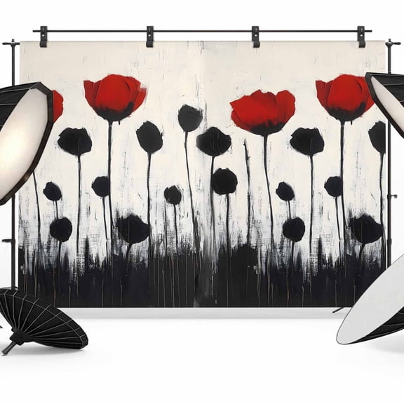 Red Black Floral Backdrop for Photography,Fabric Photo Background Backdrop,Vintage Rustic Oil Painting Flowers Photo Booth Background for Portrait Photoshoot Video Wedding Decoration Banner 7x5ft