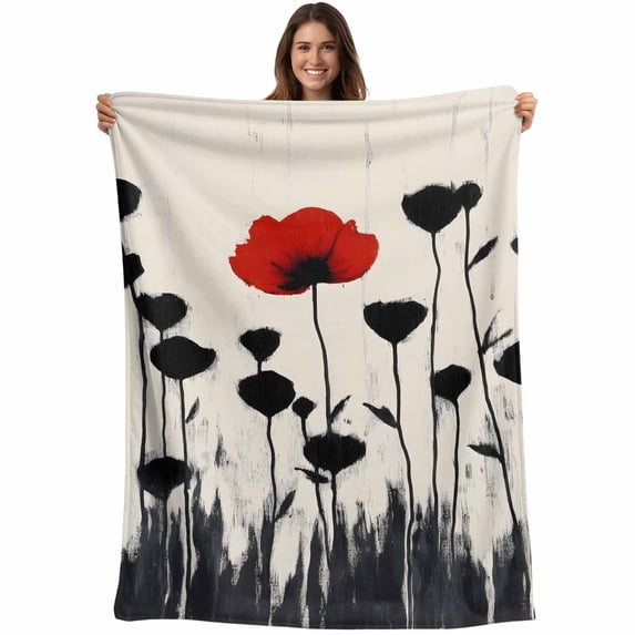 Red Black Floral Blanket Soft Cozy Warm Throw Blanket for Couch, Plush Fuzzy Flannel Fleece Blankets for Sofa, Spring Modern Oil Painting Flowers Bed Blankets Lightweight Gifts for Women, 32"x48"