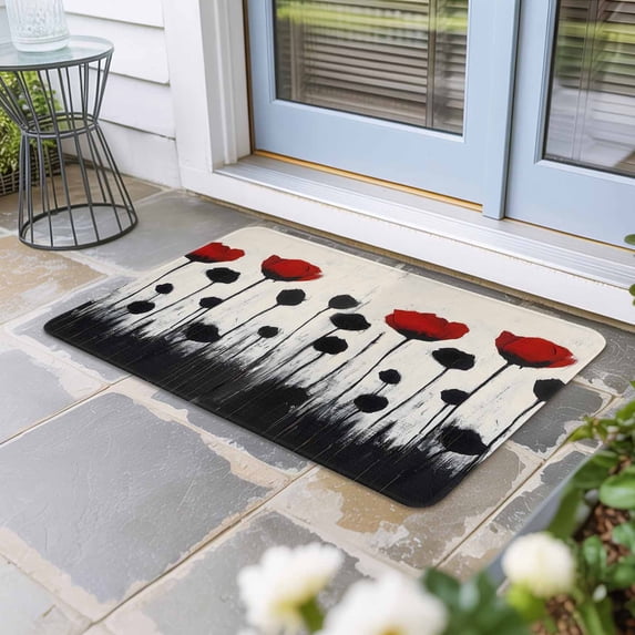 Red Black Floral Door Mat Indoor Outdoor, Vintage Rustic Oil Painting Flowers Non Slip Welcome Mat with Rubber Backing, Absorbent Fabric Front Door Mats Entryway Rug for Home Patio Entrance 18"x30"