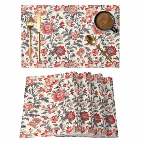 Red Black Floral Placemats Set of 4 Vintage Watercolor Flower Leaf Plant Place Mats Indoor Wipeable Table Mats Washable Cloth Dining Table Placemats for Kitchen Holiday Party Home Decor 13x19 Inch