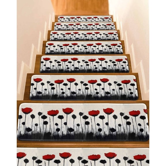 Red Black Floral Stair Treads for Wooden Steps Indoor Runner Rug Carpet, Vintage Rustic Oil Painting Flowers 7 Pieces Peel and Stick Staircase Step Treads Covers Washable Throw Door Mats, 30"x8"