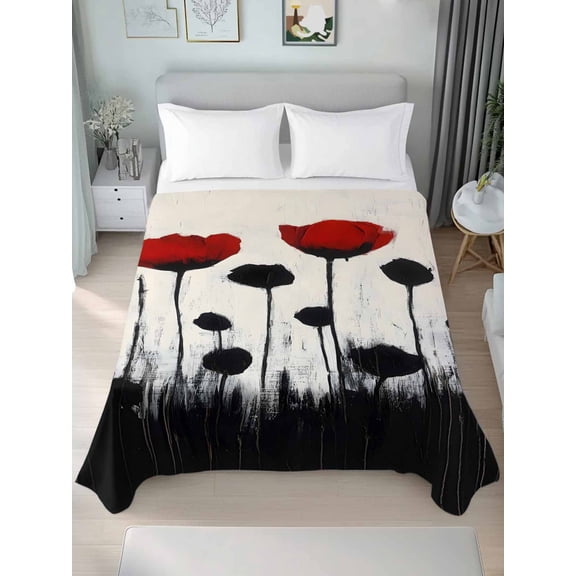 Red Black Floral Twim Size Flat Sheet, Wrinkleproof & Fadeproof Cooling Flat Bed Sheet Only, Vintage Rustic Oil Painting Flowers Breathable Soft Bedding Top Sheets 66 x 96 Inches