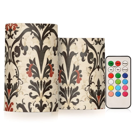 Red Black Flower Pattern Flickering Flameless Candles LED Tealight Battery Operated with Remote Set of 2 Holiday Decor Ornaments