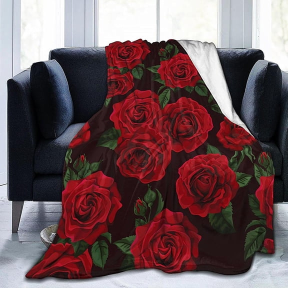 Red Black Flower Rose Blanket Soft Lightweight Throw Blankets Cozy Flannel Bed Throws for Sofa Couch Travel Home Room Bedroom Decor Gifts for Girls Boys Women 50"x40"