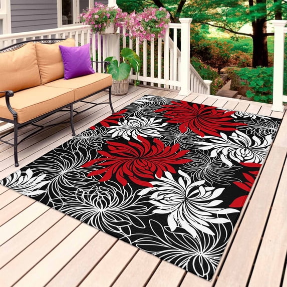 Red Black Flowers Outdoor Rug 5x7 Ft, Non Slip Washable Area Rug, Abstract Botanical Floral Textured Plant Patio Rugs Carpet Runner, Large Floor Mat for Indoor/Outdoor Deck Porch Camping