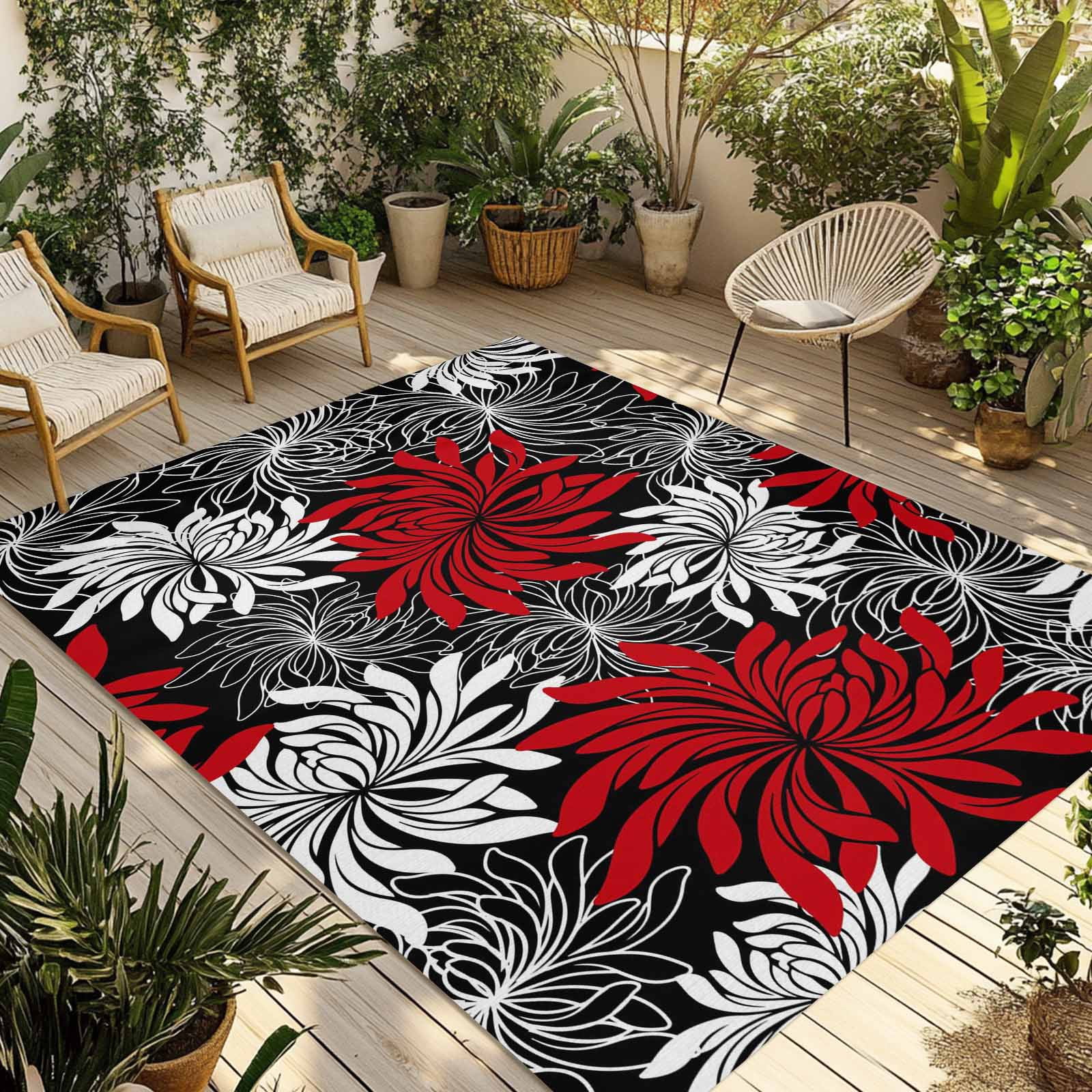 Red Black Flowers Outdoor Rug for Patio/Deck/Porch, Non-Slip Large Area Rug 5 x 7 Ft, Abstract Botanical Floral Textured Plant Indoor Outdoor Rugs Washable Area Rugs, Camping Rug Carpet Runner