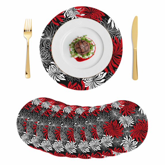 Red Black Flowers Round 13 Inch Placemats Set of 8, Abstract Botanical Floral Textured Plant HeatResistant Non Slip Place Mats for Dining Table, Wipeable Braided Kitchen Table Mats for Housewarming
