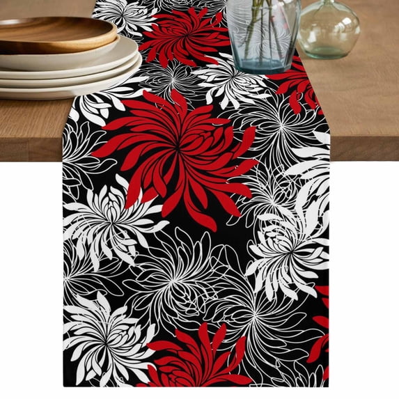 Red Black Flowers Table Runner 72 Inches, Abstract Botanical Floral Textured Plant Bed Runner Dresser Scarves Tabletop for Indoor Outdoor Parties/Ceremony/Banquet, 16" x 72"