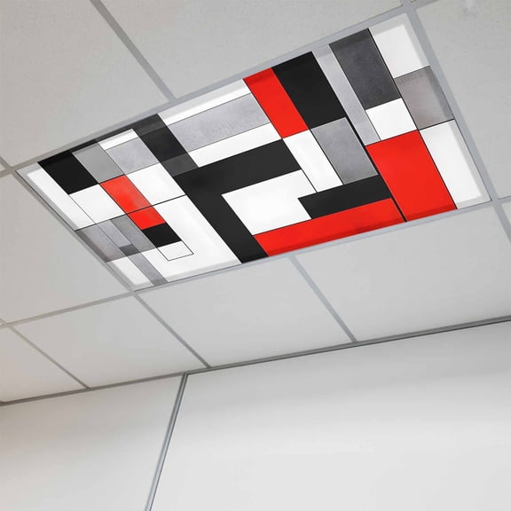 Red Black Fluorescent Light Covers, Abstract Geometric Grey White Middle Century Magnetic Light Covers for Ceiling Lights, Fluorescent Ceiling Shade Filters for Classroom Bedroom Office 4x2Ft x 1PCS