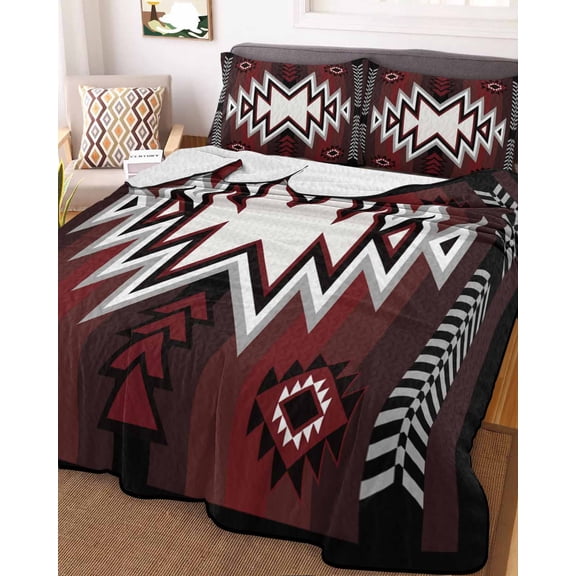 Red Black Full Size Down Alternative Comforter, Lightweight Comforter Quilt Bedding Set with Pillow Shams Southwest Geometric Aztec Farmhouse Tribal All Seasons Bed Comforter Duvet Insert 78"x90"