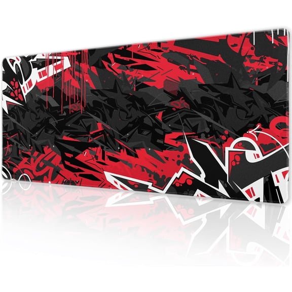Red Black Gaming Mouse Pad Desk Pad XL 31.5×11.8 Inch Abstract Graffiti Geometric Cool Extended Mousepad 30X80cm with Non-Slip Rubber Base Stitched Edge Large Desk Mat for Gamer Office Home Work