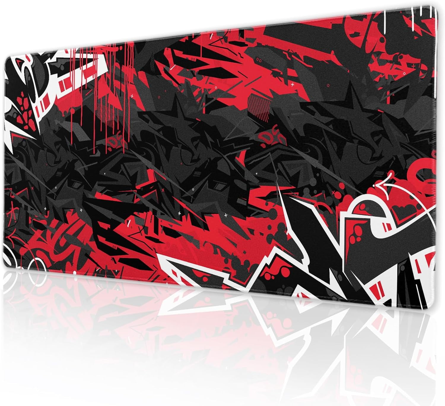 Red Black Gaming Mouse Pad Desk Pad XXL 35.4×15.7 Inch Abstract Graffiti Geometric Cool Extended Mousepad 40X90cm with Non-Slip Rubber Base Stitched Edge Large Desk Mat for Gamer Office Home Work