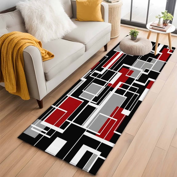Red Black Geometric 2'x6' Runner Rugs for Hallway Kitchen Bedside Non Slip Washable, Modern Color Block Abstract Entryway Rug Runners with Rubber Backing, Long Carpet Runner for Laundry Room