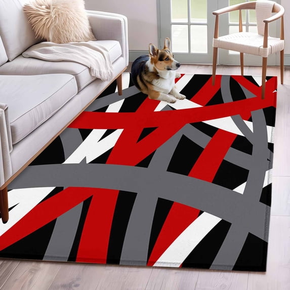 Red Black Geometric Area Rugs 4'x6', Washable Small Throw Rugs for Office Bathroom, Modern Art Abstract Grey Line Indoor Outdoor Rug Non-Slip Low Pile Carpet Runner Reversible Floor Mats