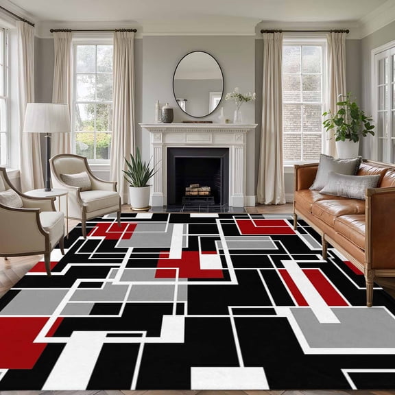 Red Black Geometric Area Rugs 6'x9', Washable Small Throw Rugs for Kitchen Dining room, Modern Color Block Abstract Indoor Outdoor Rug Non-Slip Low Pile Carpet Runner Reversible Floor Mats