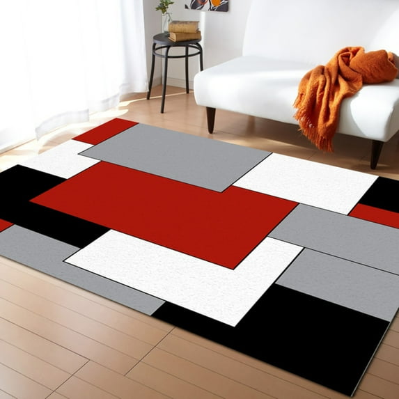 Red Black Geometric Area Rugs Indoor Non-Slip Rug, Abstract Color Block Red Black Gray Rug Floor Mats Home Decor Carpet For Entryway Living Room 3' x 4'