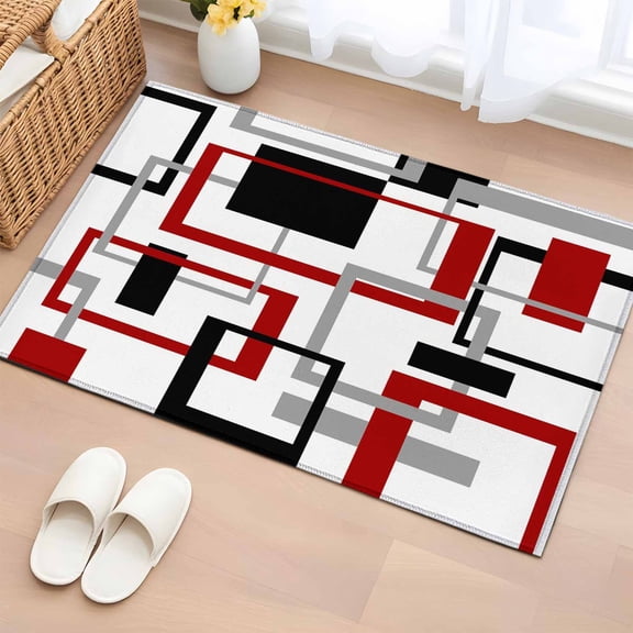 Red Black Geometric Bathroom Rug Washable 2x3 Entryway Rug Non Slip Farmhouse Minimalist Abstract Art Front Door Mat Low Pile Indoor Doormat Throw Floor Carpet for Kitchen Bedroom Entrance