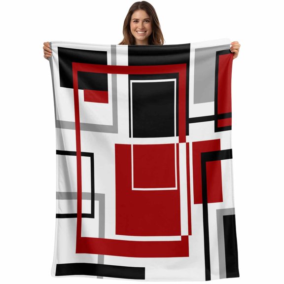 Red Black Geometric Blanket Soft Cozy Warm Throw Blanket for Couch, Plush Fuzzy Flannel Fleece Blankets for Sofa, Contemporary Gray Abstract Stripes Bed Blankets Lightweight Gifts for Women, 40"x50"
