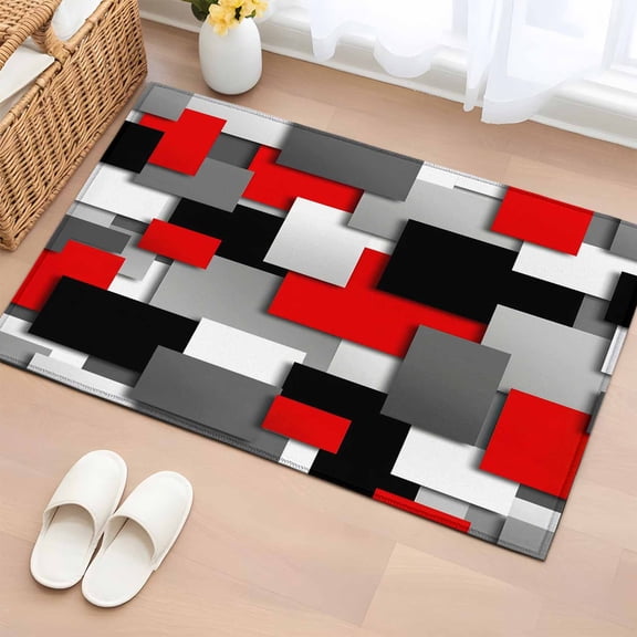 Red Black Geometric Entryway Rug 2'x3' Non Slip Front Door Mats, Modern Abstract Art Block Entrance Rugs Indoor Outdoor Carpet, Washable Floor Mats Small Area Rug for Bedroom Kitchen