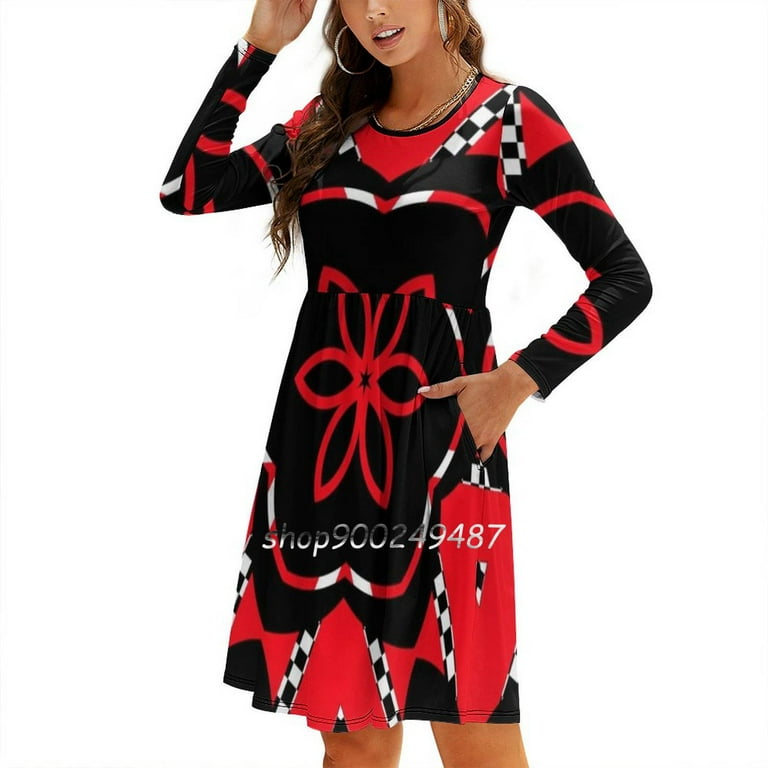 Red Black Geometric Evening Party Dresses Midi Sexy Dress Female Sweet One Piece Dress Korean Black And Red Art Geometric Art