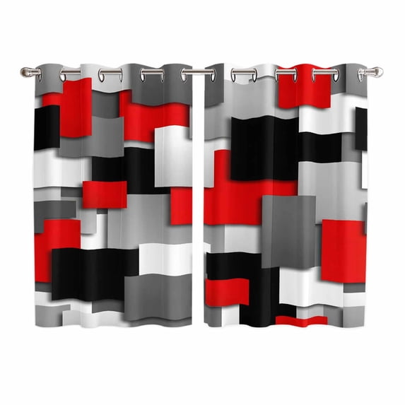 Red Black Geometric Kitchen Curtains Window Panels, Modern Abstract Art Block Insulated Window Treatment Curtain, Grommet Curtains for Bedroom/Living Room/Bathroom, 2 Piece 52"Wx63"L