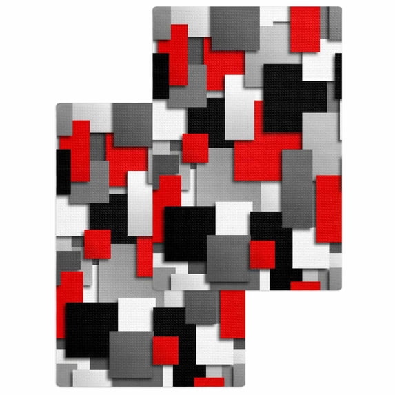 Red Black Geometric Kitchen Dish Towels for Drying Dishes Set of 2, Modern Abstract Art Block Waffle Weave Microfiber Hand Tea Bathroom Towels Quick Dry & Absorbent Towel 15.7x23.6