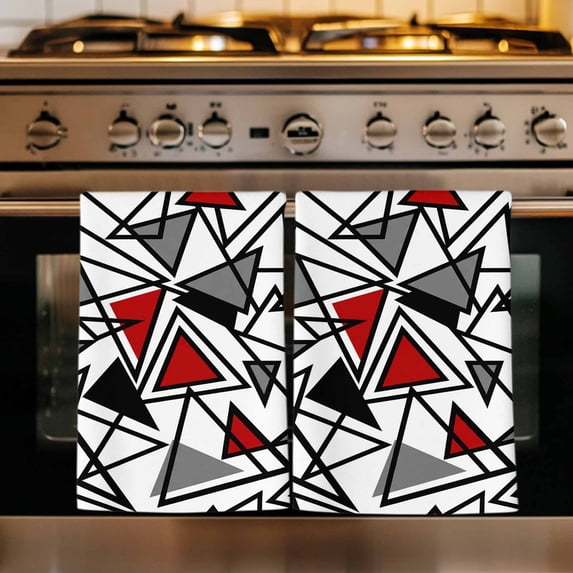 Red Black Geometric Kitchen Towels Set of 3, Abstract Art Modern Line Absorbent Dish Towels for Kitchen, Microfiber Hand Towel, Quick Drying Tea Towel for Cleaning Decorative Dishcloths