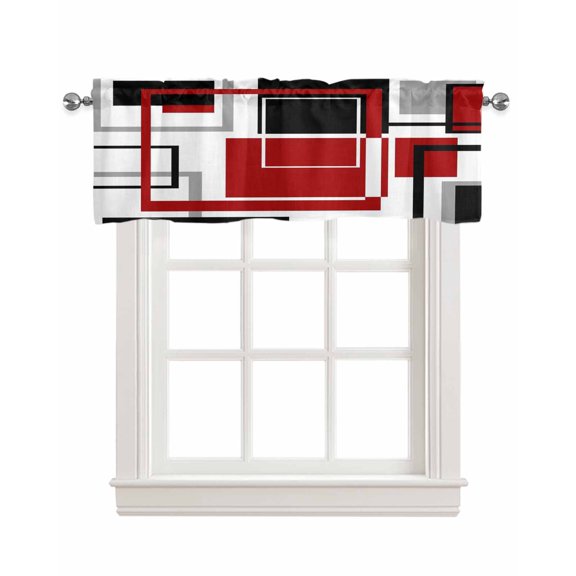 Red Black Geometric Kitchen Valances for Windows Farmhouse Linen Window Valance Curtain for Living Room Window Treatment Contemporary Gray Abstract Stripes Valance Rod Pocket Topper, 42 x 18 Inch