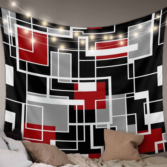 Red Black Geometric Large Tapestry for Bedroom Wall Hanging Tapestry, Modern Color Block Abstract Ceiling Backdrop Tapestries Poster Blanket Wall Decor for Teens Room Living Room Dorm 100" x 59"