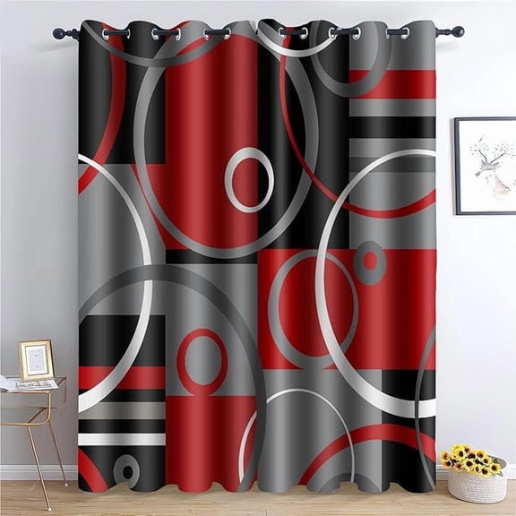 Red Black Geometric Line Curtain Grey Plaid Modern Abstract Retro Blackout Window Treatment Drape For Bedroom Living Room 26"W x 45"L (Pack of 2)