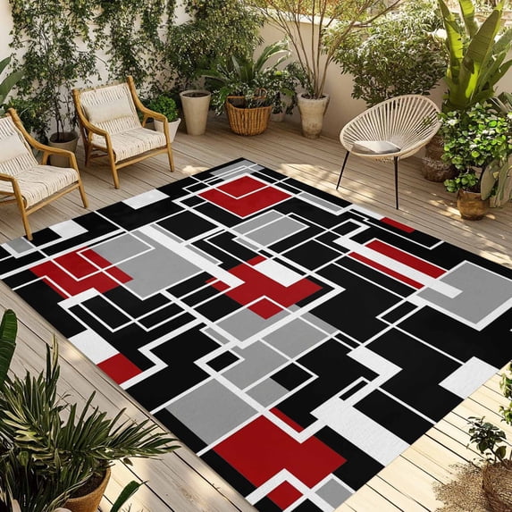 Red Black Geometric Outdoor Rug for Patio/Deck/Porch, Non-Slip Large Area Rug 4 x 6 Ft, Modern Color Block Abstract Indoor Outdoor Rugs Washable Area Rugs, Reversible Camping Rug Carpet Runner
