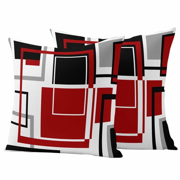 Red Black Geometric Outdoor Waterproof Pillow Covers, Contemporary Gray Abstract Stripes Decorative Square Throw Pillowcase Sofa Cushion Sham for Patio/Couch/Chair, 18"x18" 2 Pack