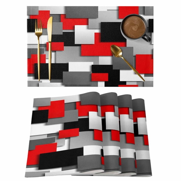 Red Black Geometric Placemats Set of 12 Modern Abstract Art Block Place Mats Indoor Wipeable Table Mats Washable Cloth Dining Table Placemats for Kitchen Holiday Party Home Decor 13x19 Inch