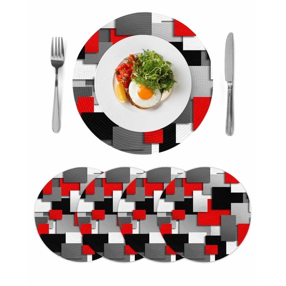 Red Black Geometric Round 13 Inch Placemats Set of 4, Modern Abstract Art Block HeatResistant Non Slip Place Mats for Dining Table, Wipeable Braided Kitchen Table Mats for Housewarming