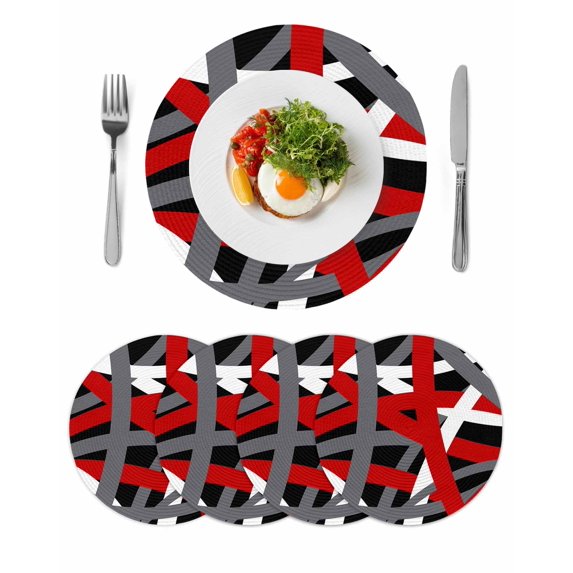 Red Black Geometric Round 13 Inch Placemats Set of 4, Modern Art Abstract Grey Line HeatResistant Non Slip Place Mats for Dining Table, Wipeable Braided Kitchen Table Mats for Housewarming