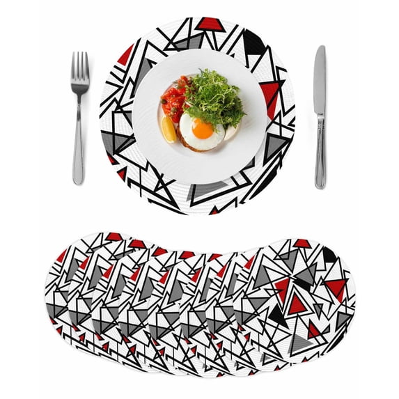 Red Black Geometric Round 13 Inch Placemats Set of 8, Abstract Art Modern Line HeatResistant Non Slip Place Mats for Dining Table, Wipeable Braided Kitchen Table Mats for Housewarming