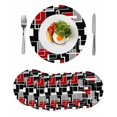 thumbnail image 1 of Red Black Geometric Round 15 Inch Placemats Set of 6, Modern Color Block Abstract HeatResistant Non Slip Place Mats for Dining Table, Wipeable Braided Kitchen Table Mats for Housewarming, 1 of 9