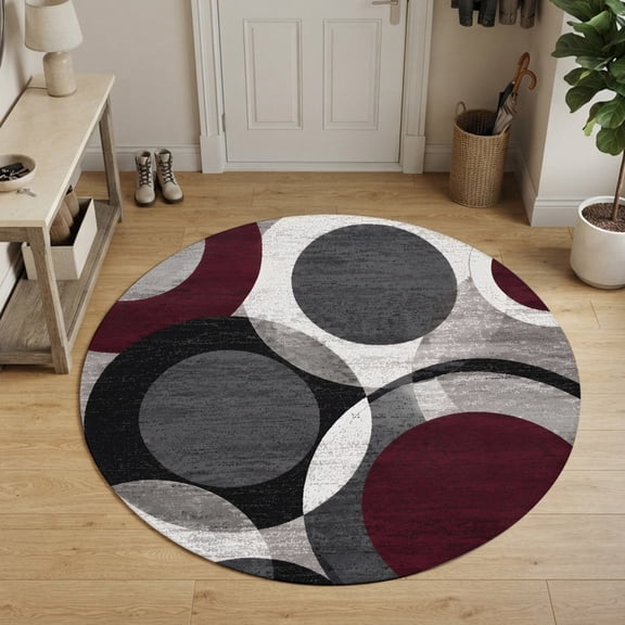 Red Black Geometric Round Area Rug 3Ft Washable Small Circle Rugs for Kitchen Entryway, Modern Abstract Lines Textured Non-Slip Carpet Floor Mats Indoor Outdoor Carpet Runner Aesthetic Home Decor