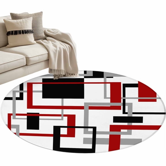 Red Black Geometric Round Area Rug 4 FT, Non Slip Indoor Outdoor Rug, Farmhouse Minimalist Abstract Art Washable Soft Circular Carpet Non-Shedding Floor Mat for Coffee Table Nursery Foyer Balcony