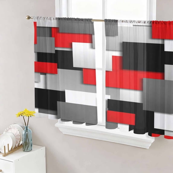 Red Black Geometric Sheer Curtains 45 Inch Length 2 Panels Set, Modern Abstract Art Block Voile Window Treatment Rod Pocket Small Kitchen Curtains Drapes for Bedroom 52"x45"x2