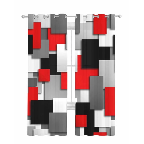 Red Black Geometric Sheer Curtains 84 Inch Length 2 Panels Set for Living Room/Bedroom, Modern Abstract Art Block Kitchen Curtains Grommet Semi-Sheer Curtains Drapes Voile Window Treatments 52"x84"x2