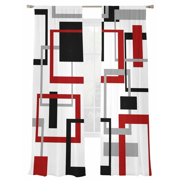 Red Black Geometric Sheer Curtains 84 Inch Length 2 Panels Set, Semi Transparent Voile Rod Pocket Curtains for Living Dining Room Bedroom Drapes Farmhouse Minimalist Abstract Art