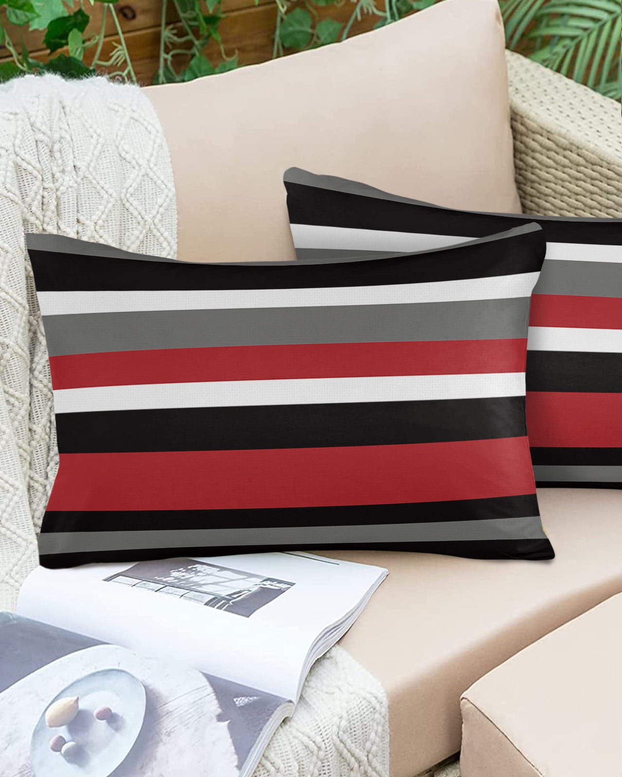 Red and Black Geometric Stripes Outdoor Pillow Covers Set of 2,Decorative Waterproof Throw Pillow Case,Farmhouse Striped Art Paw Print Cotton Linen Soft Cozy Cushion Pillowcases