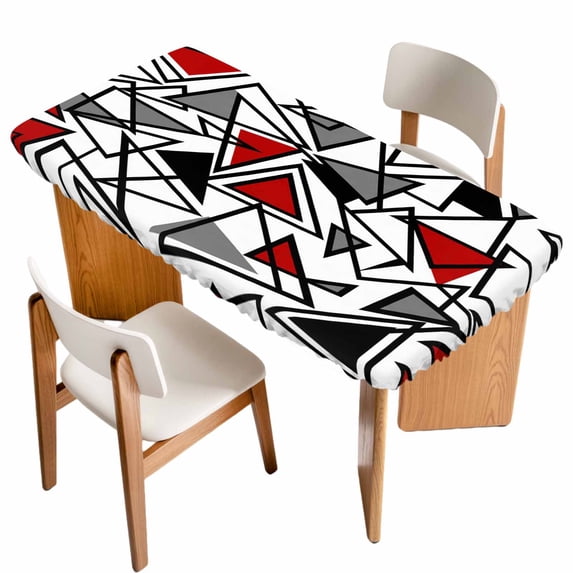 Red Black Geometric Table Cloths for 6 Foot Rectangle Tables, Abstract Art Modern Line Patio Waterproof Elastic Fitted Tablecloths, Washable Rectangular Table Cover for Camping