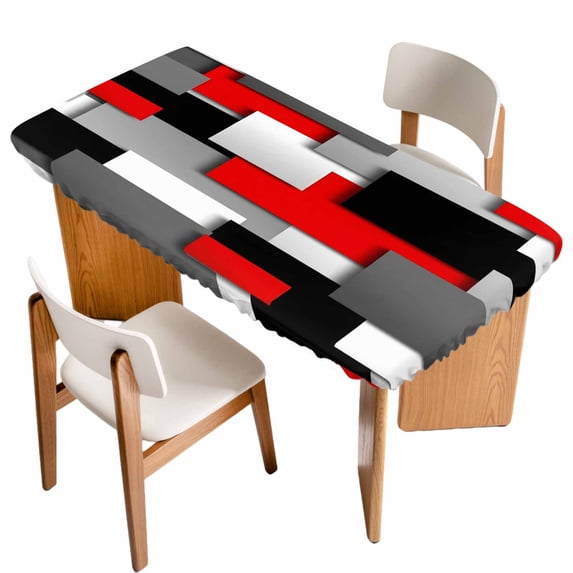 Red Black Geometric Table Cloths for 6 Foot Rectangle Tables, Modern Abstract Art Block Patio Waterproof Elastic Fitted Tablecloths, Washable Rectangular Table Cover for Camping