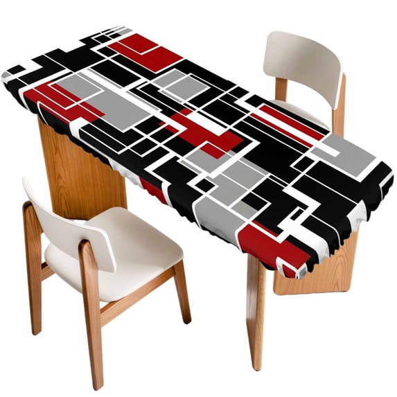 Red Black Geometric Table Cloths for 8 Foot Rectangle Tables, Modern Color Block Abstract Patio Waterproof Elastic Fitted Tablecloths, Washable Rectangular Table Cover for Camping