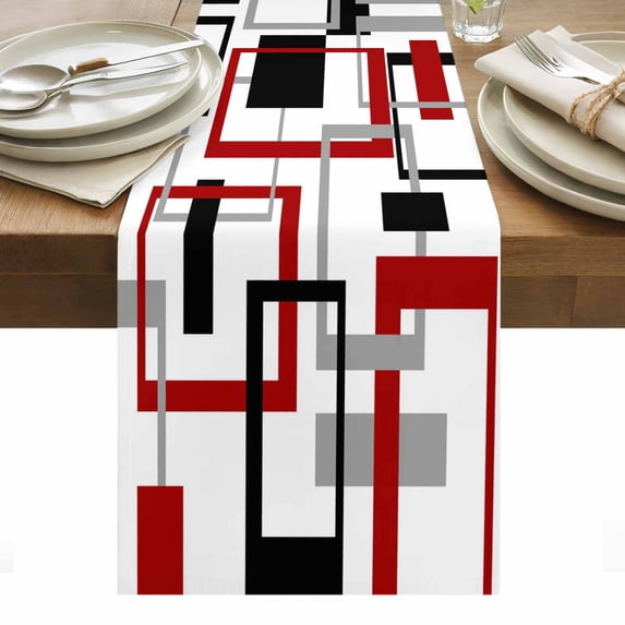 Red Black Geometric Table Runner - 60 Inch Long, Kitchen Dining Table Runner Dresser Scarves, Farmhouse Minimalist Abstract Art Farmhouse Decor for Coffee Tables Wedding Party Banquet