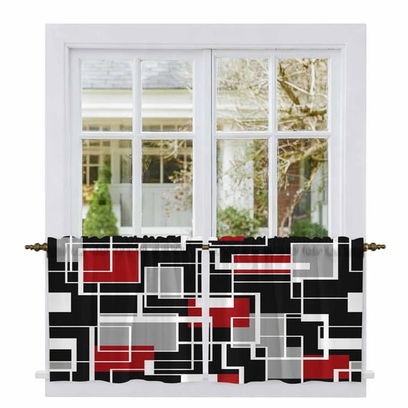 Red Black Geometric Tier Curtains 24 Inch Length, Modern Color Block Abstract Cafe Short Curtains for Bathroom Over Sink, Small Kitchen Curtain Light Filtering Tiered Drapes 2 Panels 27.5"Wx24"L