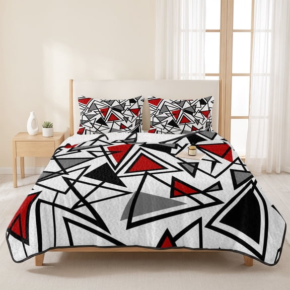 Red Black Geometric Triangle 3 Pieces Quilt Set,1 Quilt with 2 Shams,Modern Abstract Style Bedspread Soft Lightweight Bedding Coverlet Comforter Set for All Season 96"x106"